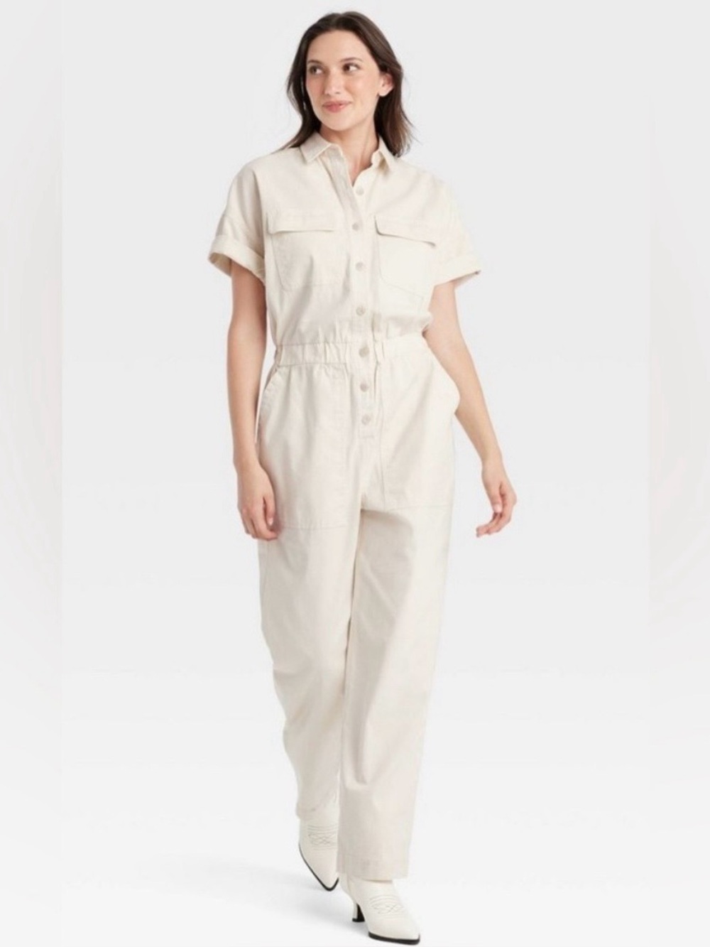 Beige Short-Sleeve Button-Front Jumpsuit